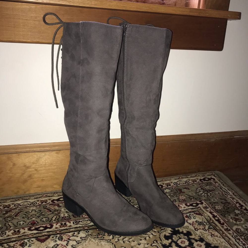 Grey Suede Heeled Knee-High Boots